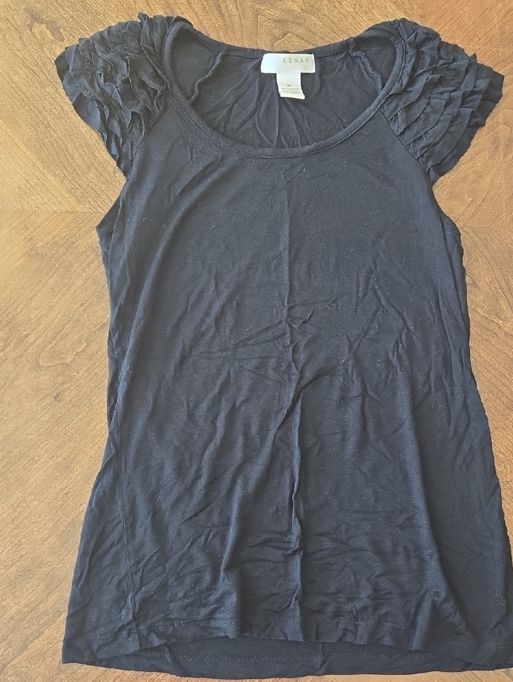 Kenar Black Ruffle Cap-Sleeve Scoop Neck Tee